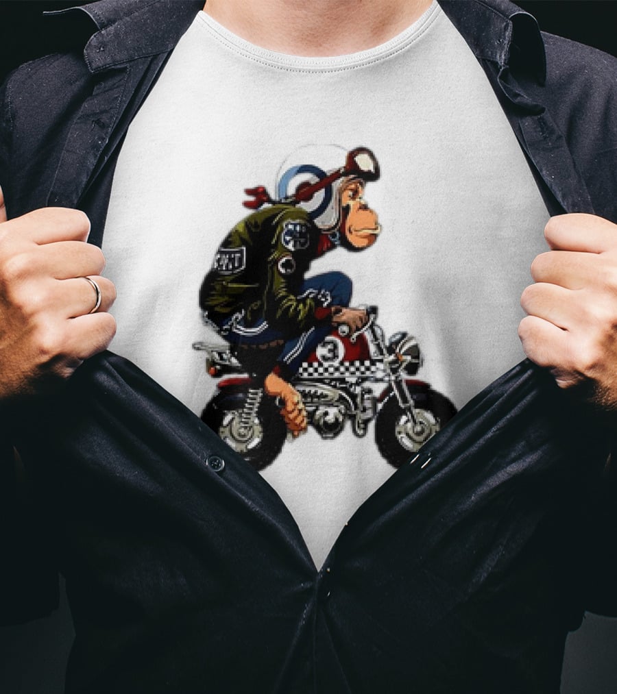 Monkey Riding Checkered Mini Bike Cartoon T-Shirt