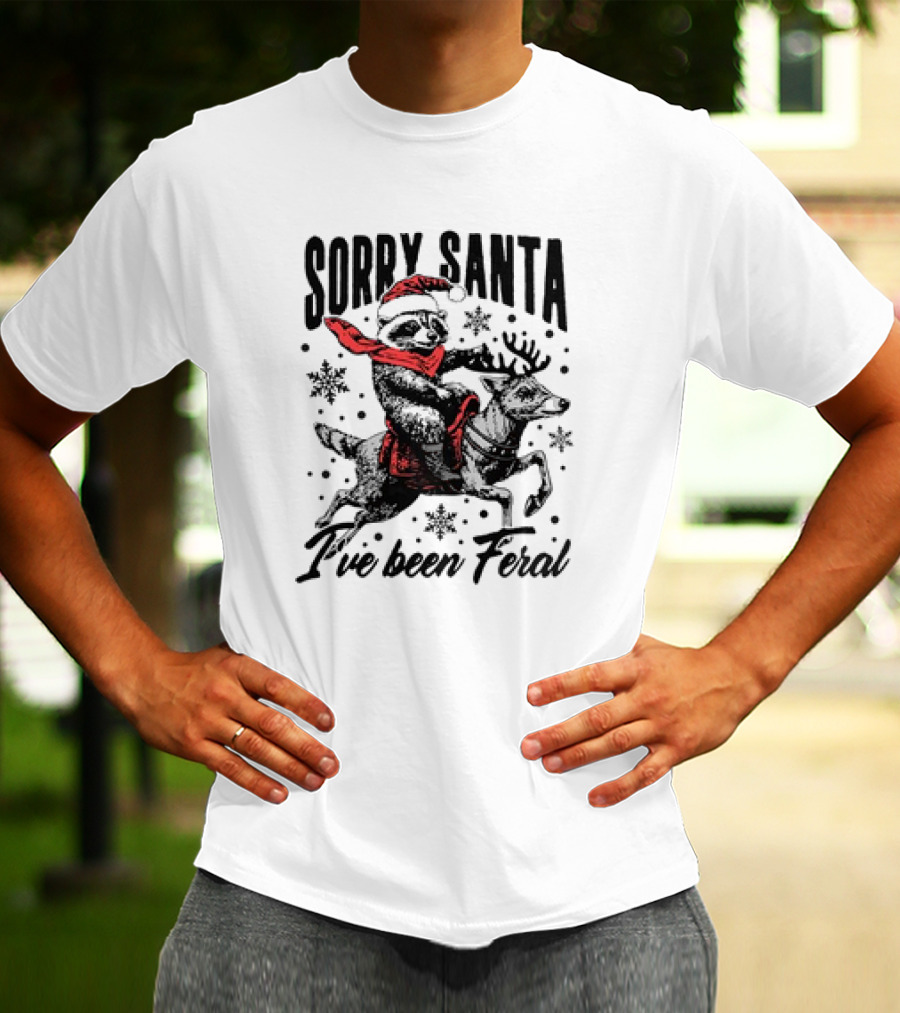 Sorry Santa I've Been Feral Retro Christmas Funny Raccoon Santa Hat T-Shirt