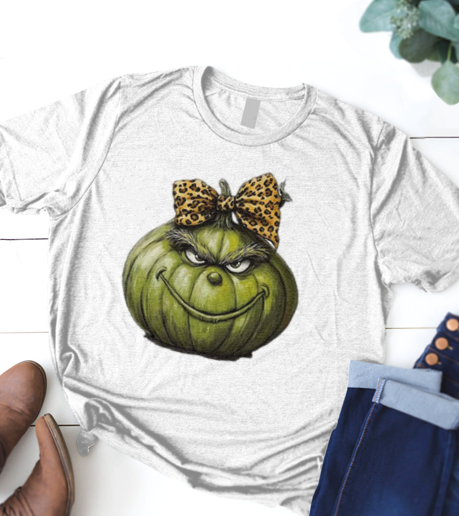 Retro Vintage Leopard Bow Grinch Pumpkin T-Shirt