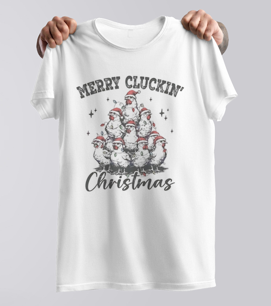 Merry Cluckin' Christmas Chicken Santa Hat Festive Stack T-Shirt