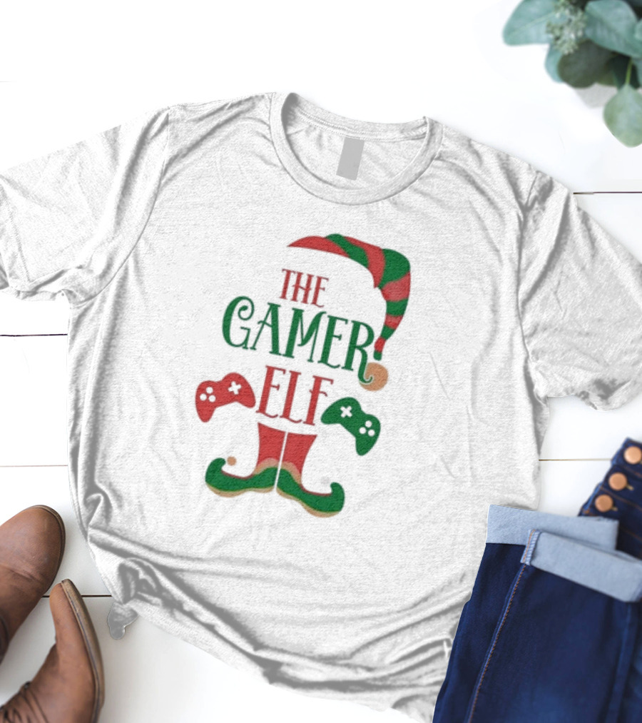 The Gamer Elf With Christmas Hat And Controllers T-Shirt