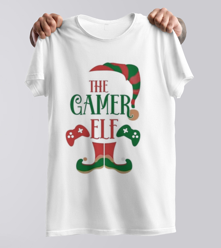 The Gamer Elf With Christmas Hat And Controllers T-Shirt