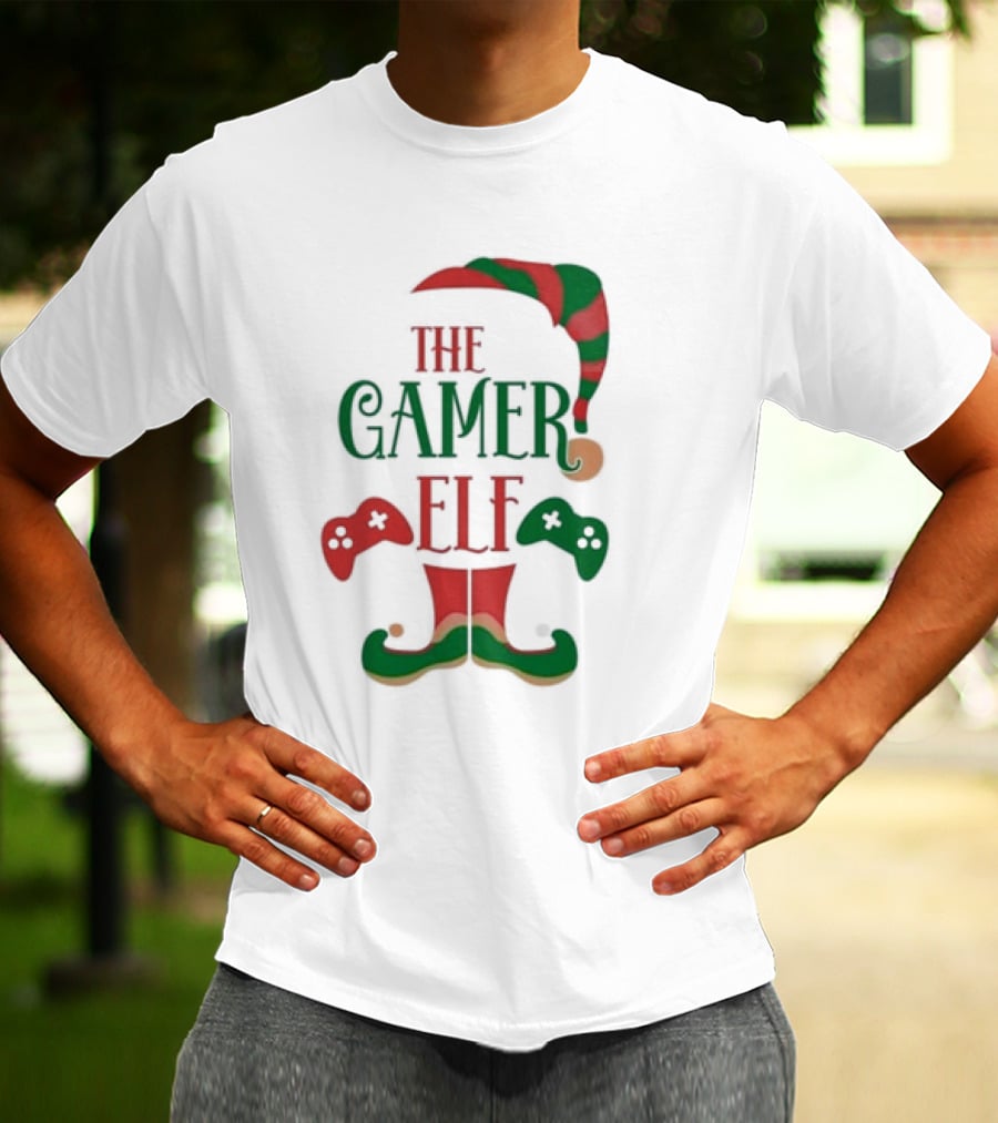 The Gamer Elf With Christmas Hat And Controllers T-Shirt