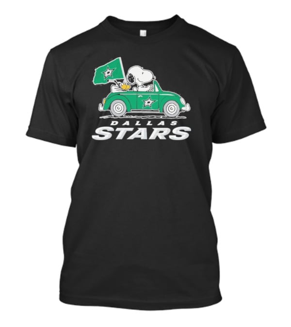 Snoopy And Woodstock Driving Green Car With Dallas Stars Flag T-Shirt