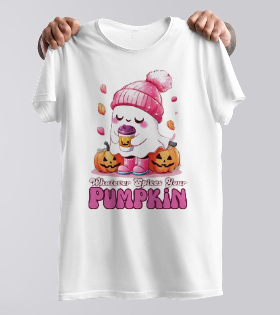 Ghost In Pink Beanie With Coffee And Pumpkins Whatever Spices Your Pumpkin T-Shirt
