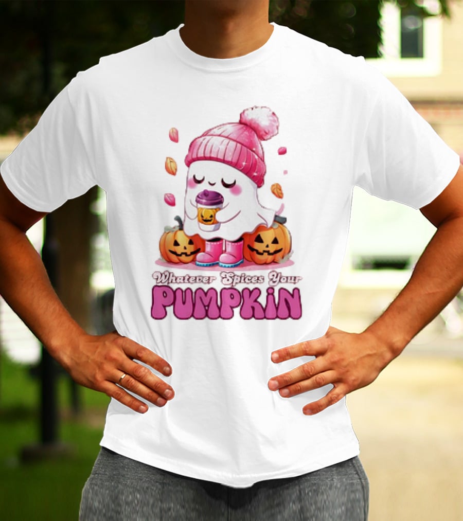 Ghost In Pink Beanie With Coffee And Pumpkins Whatever Spices Your Pumpkin T-Shirt