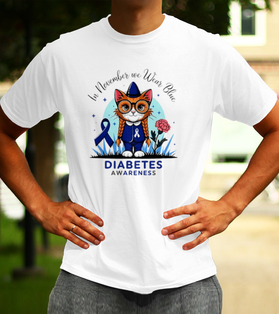 In November We Wear Blue Cute Cat Diabetes Awareness T-Shirt