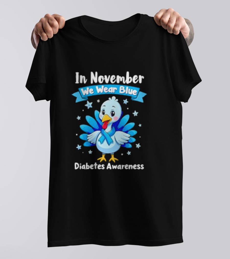 In November We Wear Blue Thanksgiving Diabetes Awareness Turkey With Ribbon And Stars T-Shirt