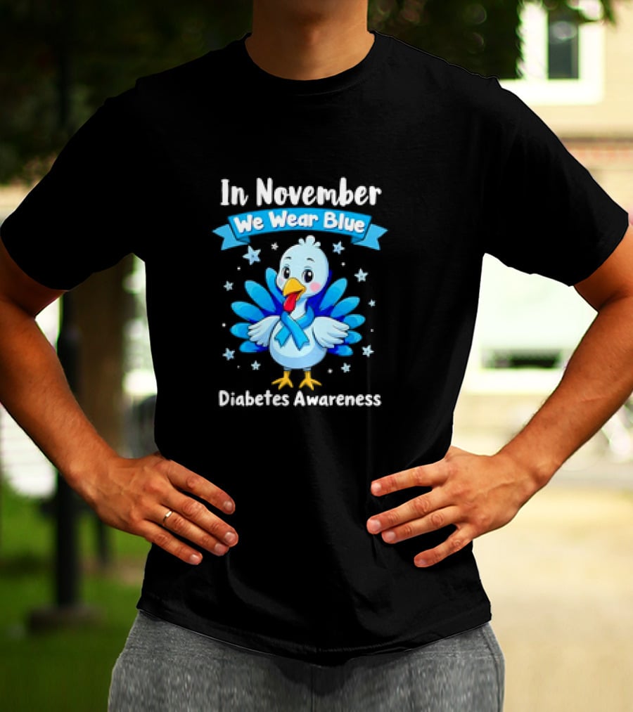 In November We Wear Blue Thanksgiving Diabetes Awareness Turkey With Ribbon And Stars T-Shirt