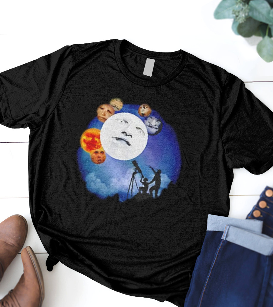 Man And Child Stargazing At Moon And Face Planets T-Shirt