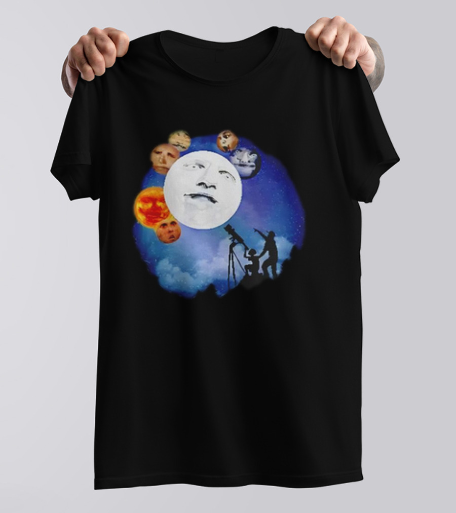 Man And Child Stargazing At Moon And Face Planets T-Shirt