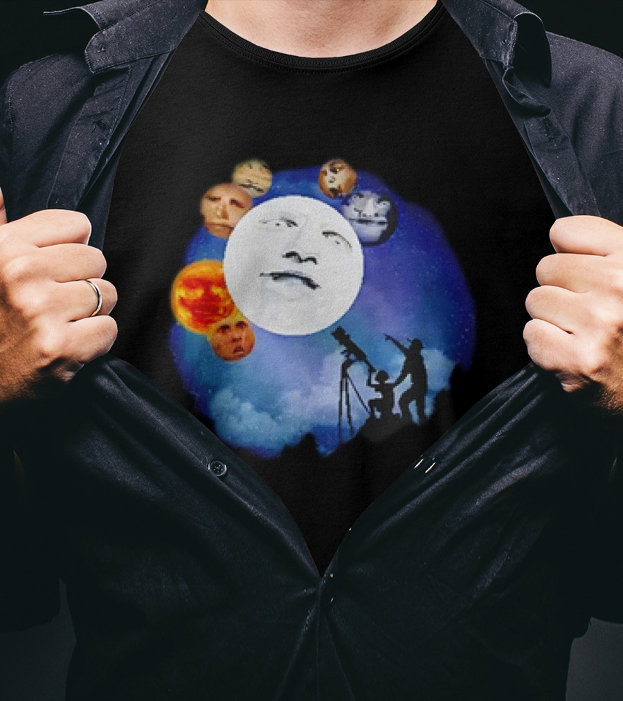Man And Child Stargazing At Moon And Face Planets T-Shirt