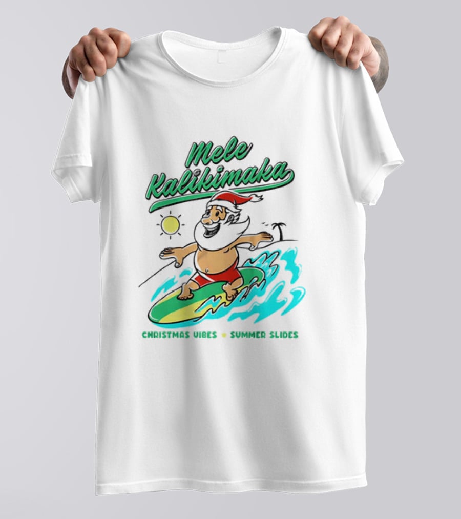 Mele Kalikimaka Santa Surfing Christmas Vibes Summer Slides Tropical Sun T-Shirt