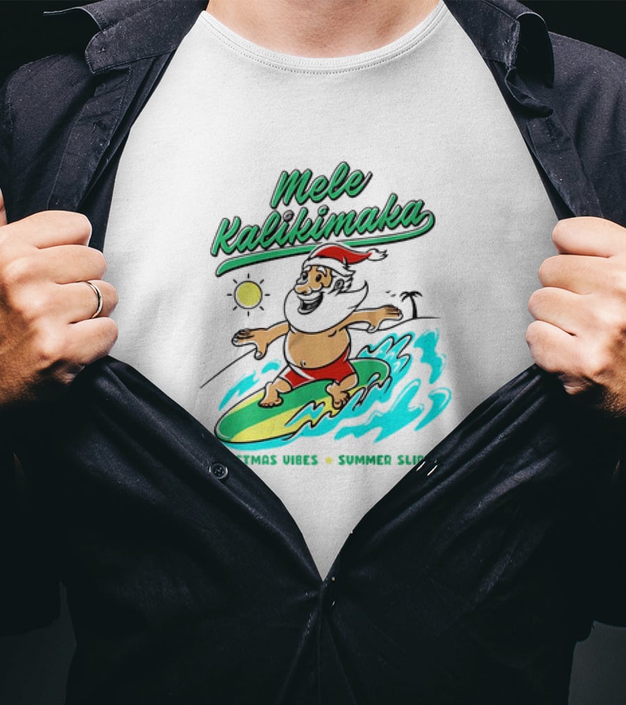 Mele Kalikimaka Santa Surfing Christmas Vibes Summer Slides Tropical Sun T-Shirt