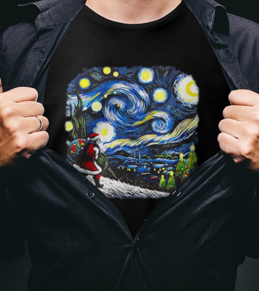Van Gogh Starry Night Santa Christmas Winter Snowy Night Scene T-Shirt