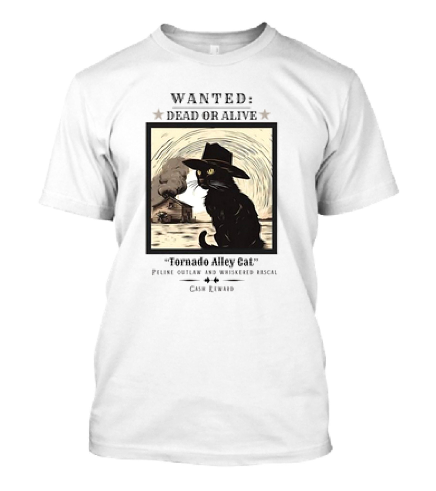 Wanted Dead Or Alive Tornado Alley Cat Oklahoma Whiskered Rascal Cowboy Twister Retro T-Shirt