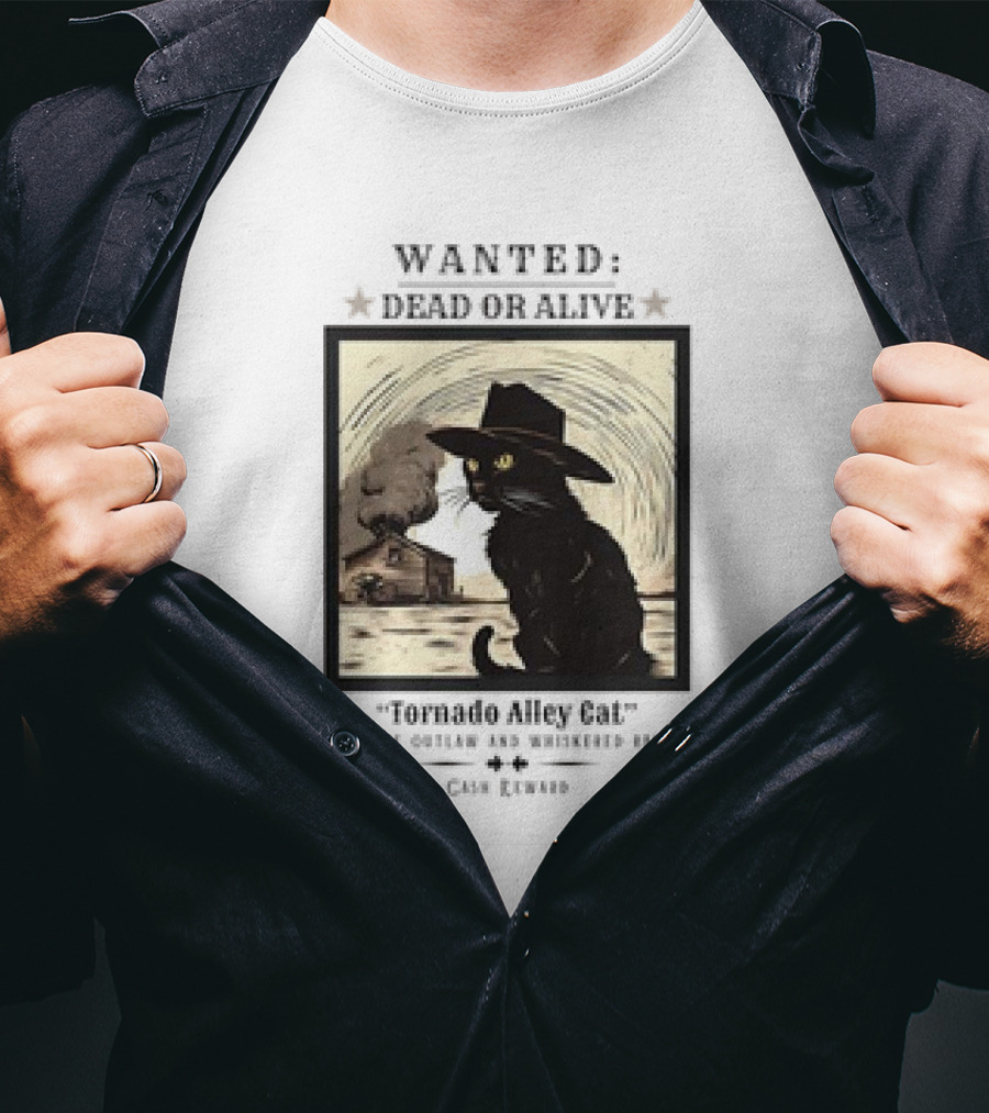 Wanted Dead Or Alive Tornado Alley Cat Oklahoma Whiskered Rascal Cowboy Twister Retro T-Shirt