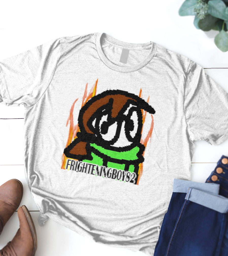 FRIGHTENINGBOY82 Leaf Pixel Art Character With Green Scarf And Flames T-Shirt