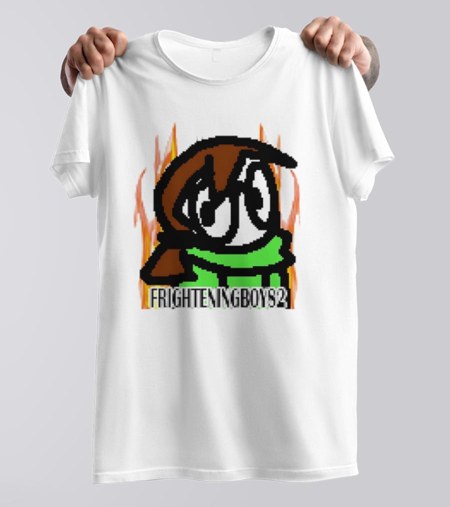 FRIGHTENINGBOY82 Leaf Pixel Art Character With Green Scarf And Flames T-Shirt