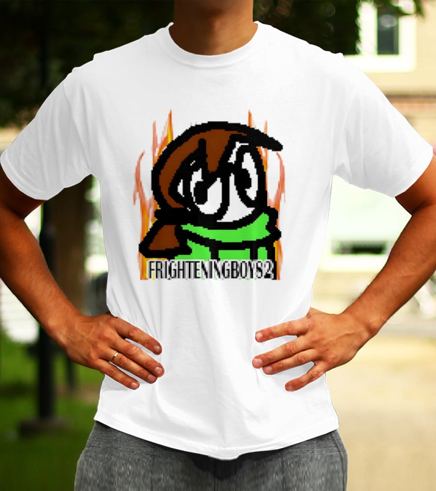 FRIGHTENINGBOY82 Leaf Pixel Art Character With Green Scarf And Flames T-Shirt