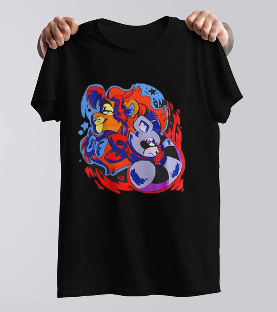 Lion And Raccoon Cartoon With Colorful Flowing Manes And Scarves T-Shirt