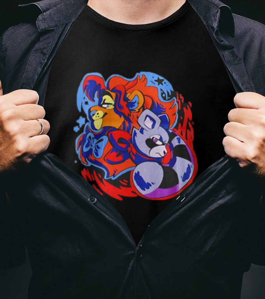 Lion And Raccoon Cartoon With Colorful Flowing Manes And Scarves T-Shirt