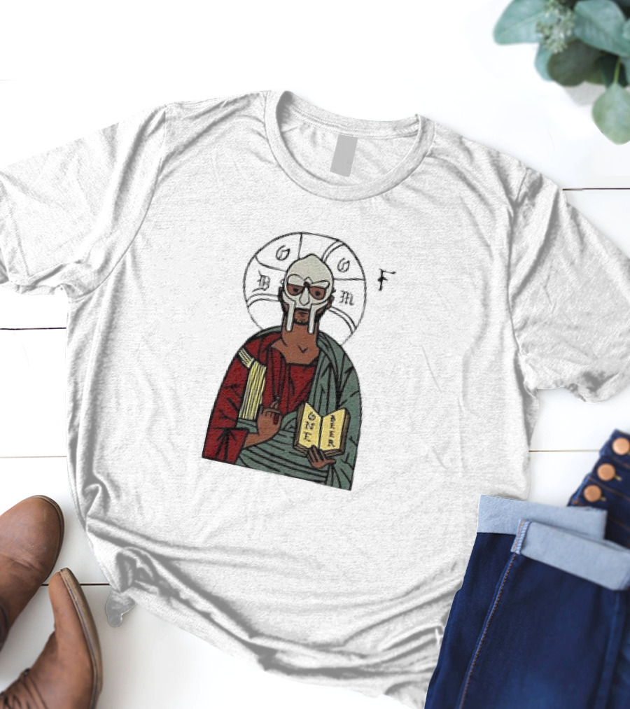 MF DOOM Cartoon Iconic Mask With Sacred Imagery And Open Book One Beer T-Shirt