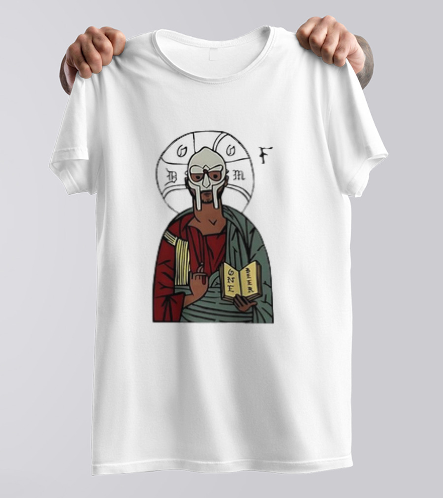 MF DOOM Cartoon Iconic Mask With Sacred Imagery And Open Book One Beer T-Shirt