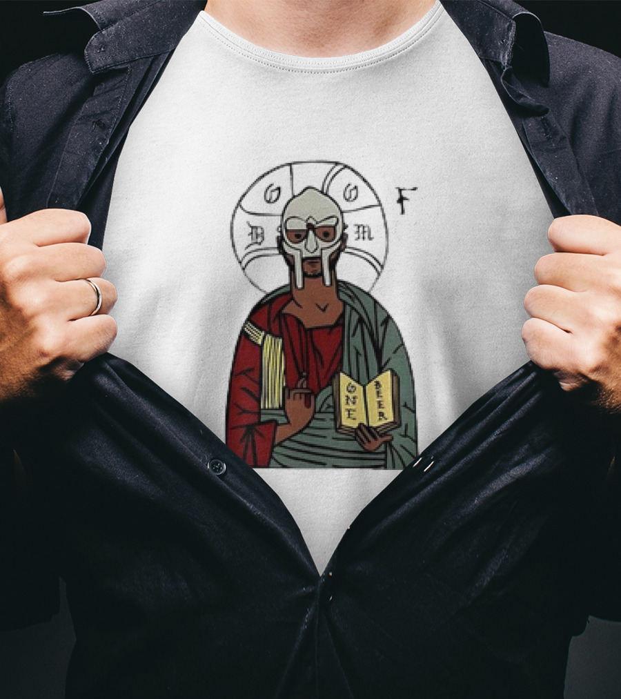 MF DOOM Cartoon Iconic Mask With Sacred Imagery And Open Book One Beer T-Shirt