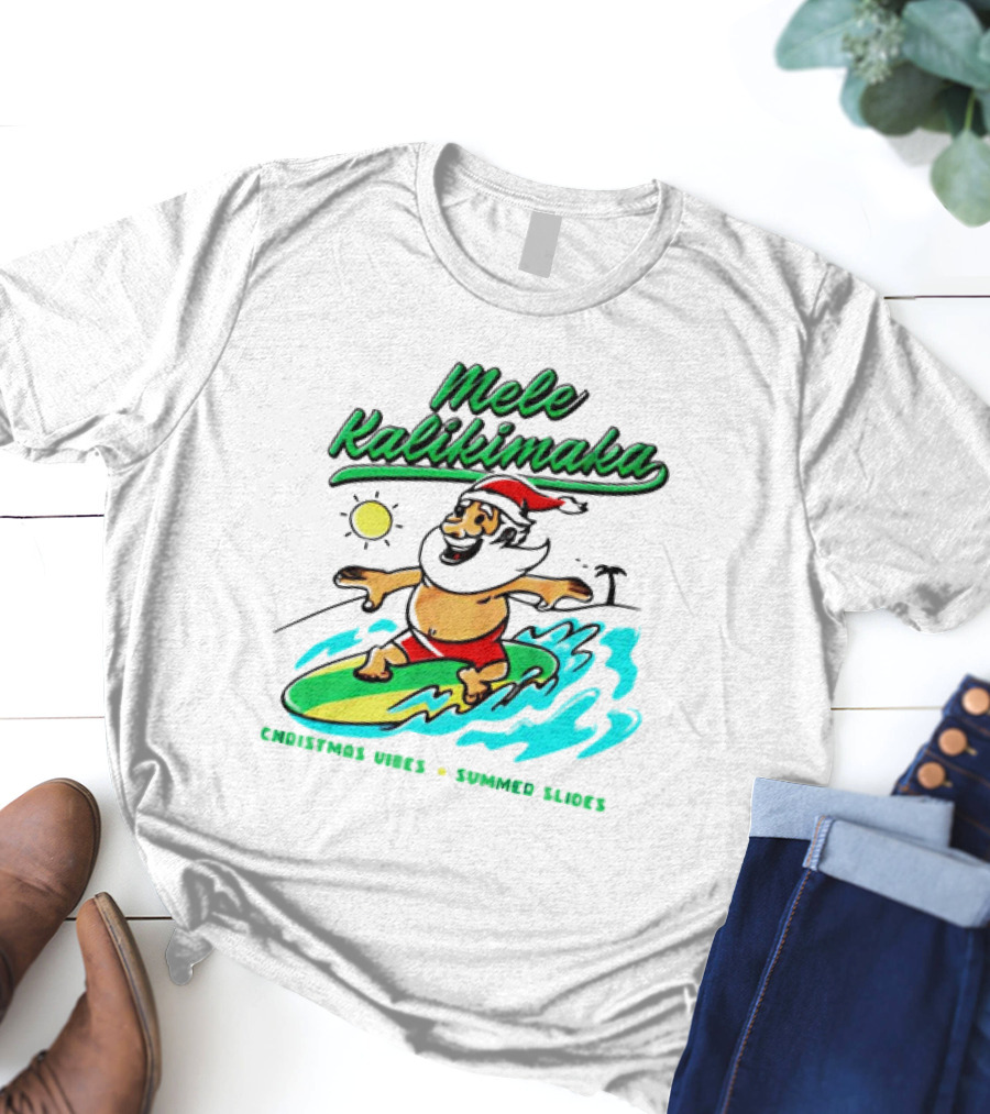 Mele Kalikimaka Santa Claus Surfing Christmas Vibes Summer Slides T-Shirt