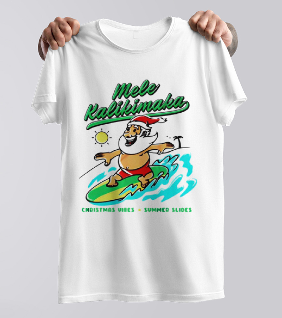 Mele Kalikimaka Santa Claus Surfing Christmas Vibes Summer Slides T-Shirt