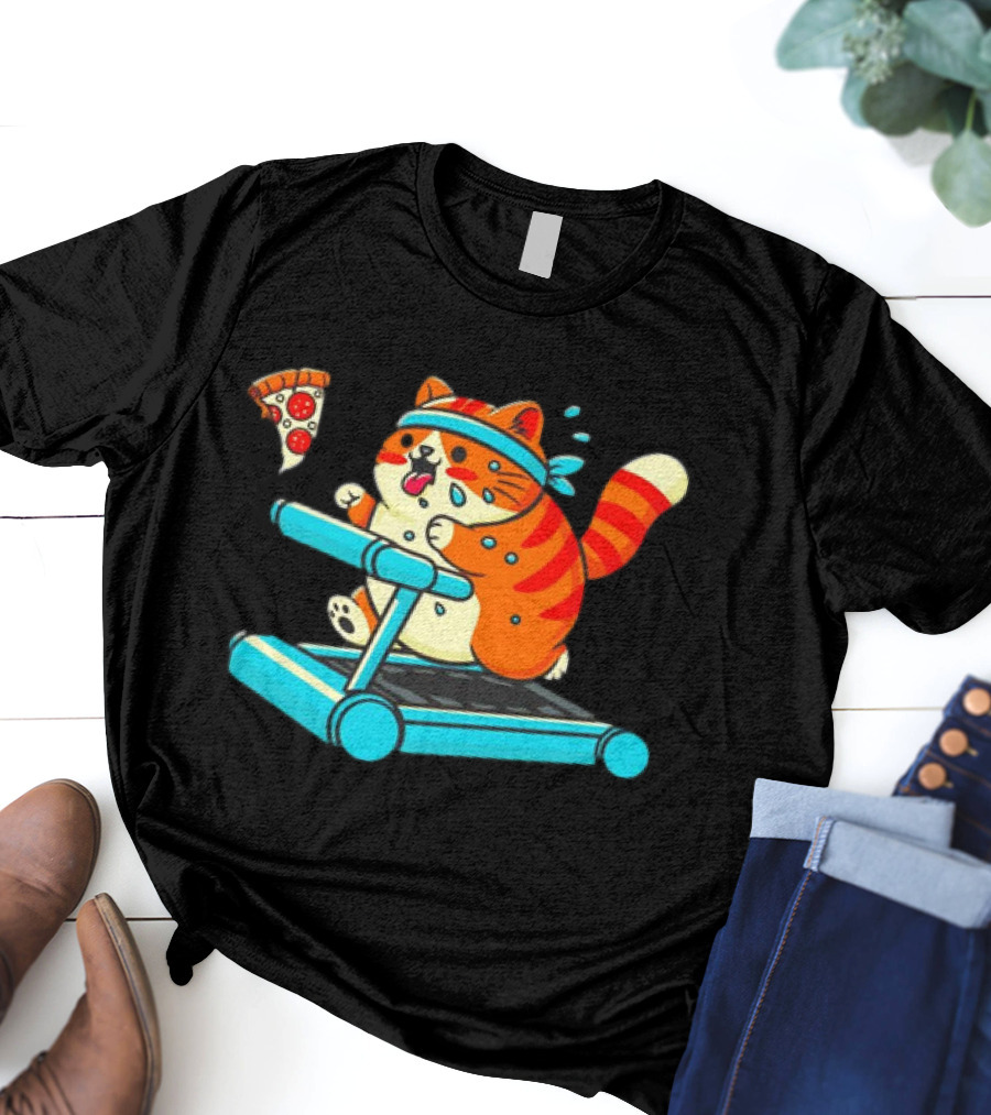 Chasing Dreams And Pizza Slices Chonky Cat Running On Treadmill T-Shirt