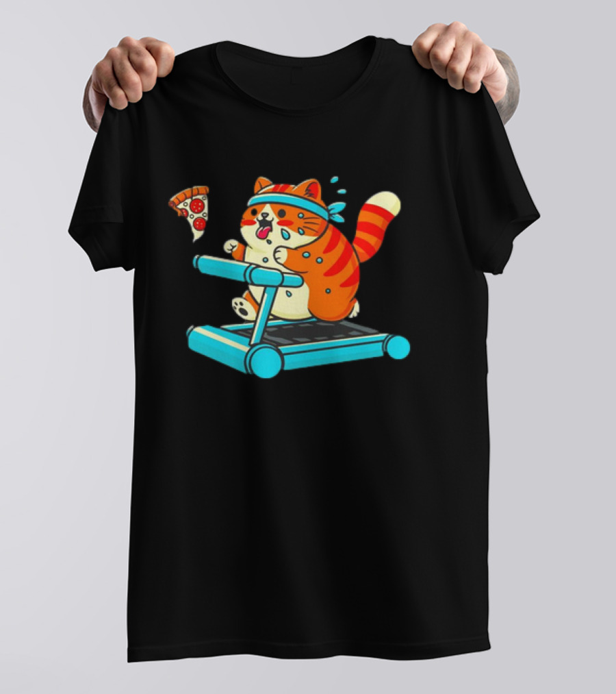 Chasing Dreams And Pizza Slices Chonky Cat Running On Treadmill T-Shirt