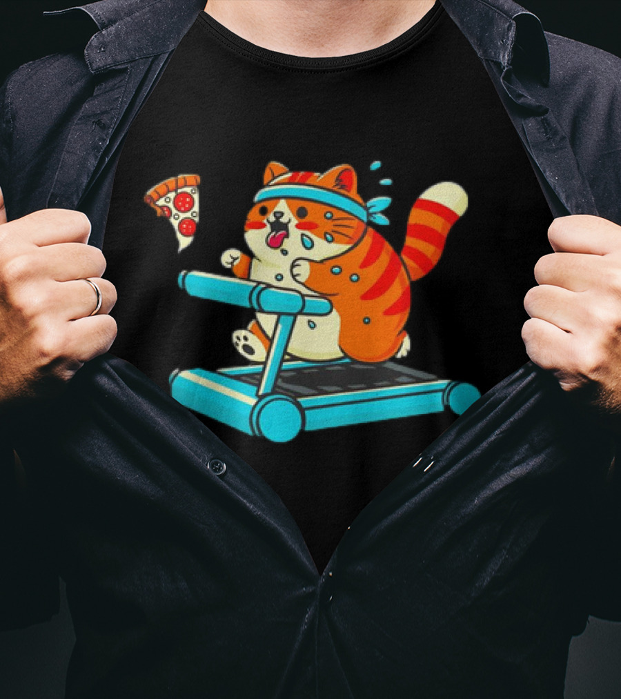 Chasing Dreams And Pizza Slices Chonky Cat Running On Treadmill T-Shirt