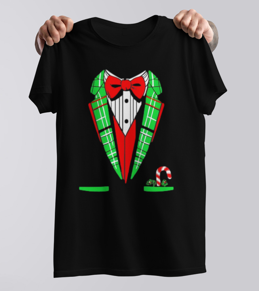 Santa Tuxedo Christmas Suit Candy Cane Plaid Bow Tie T-Shirt