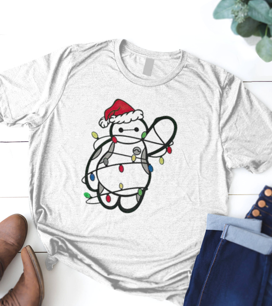 Baymax Wrapped In Christmas Lights Wearing Santa Hat T-Shirt
