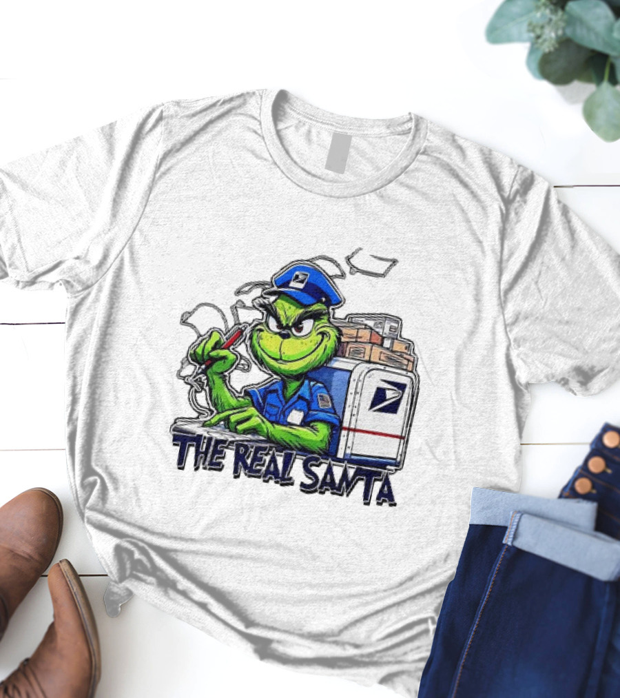 Grinch USPS The Real Santa Postal Delivery Holiday Fun T-Shirt