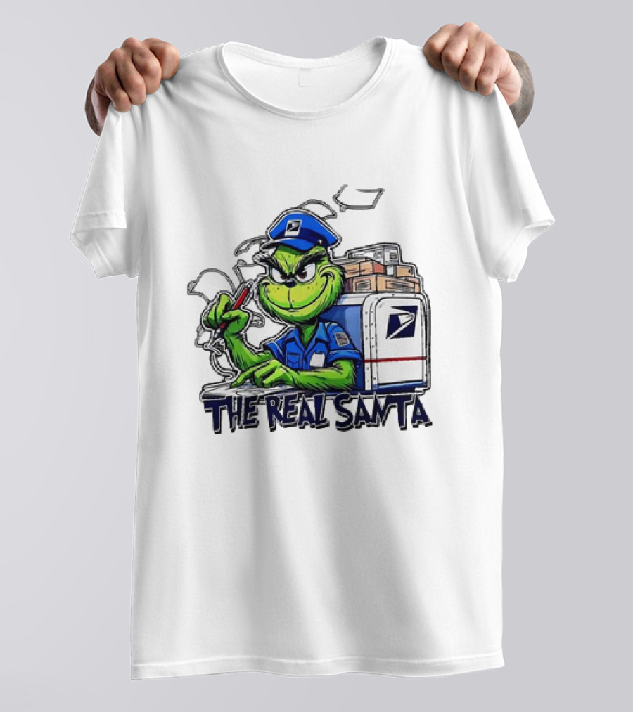 Grinch USPS The Real Santa Postal Delivery Holiday Fun T-Shirt