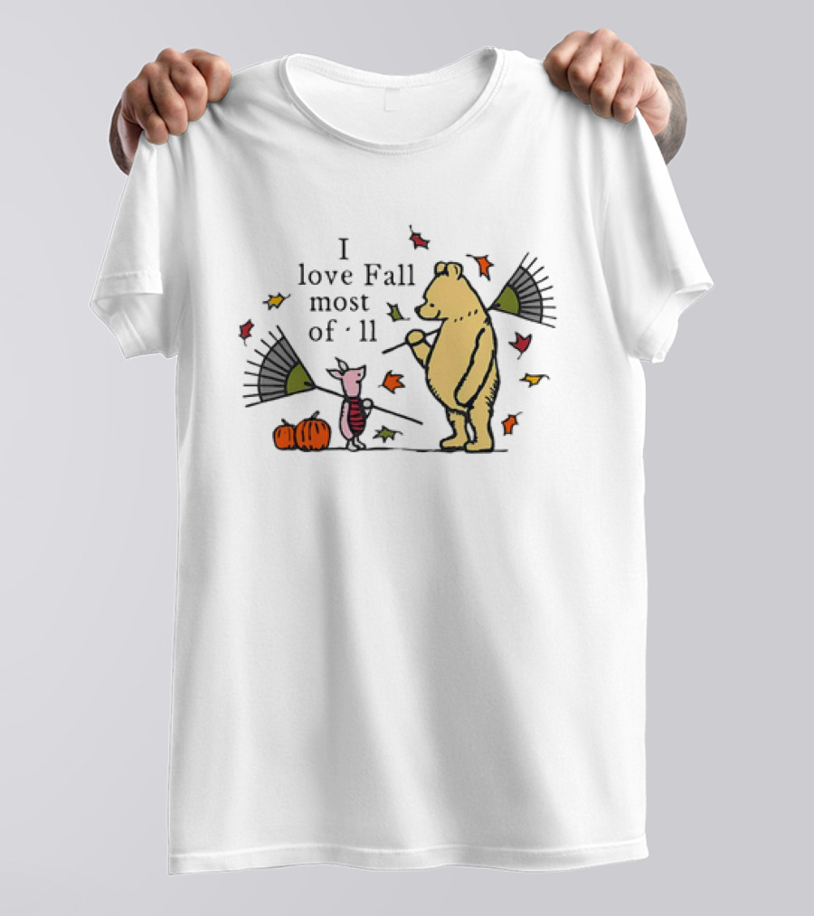 I Love Fall Most Of All Winnie The Pooh Piglet Raking Leaves Pumpkins T-Shirt