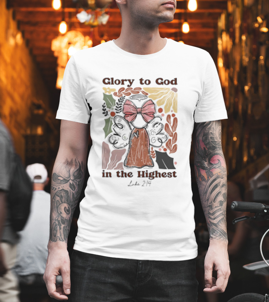 Glory To God In The Highest Luke 2:14 Retro Vintage Christian Angel Bow T-Shirt
