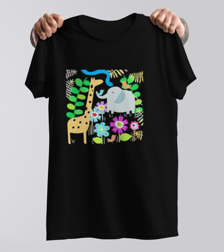 Safari Animal Party Jungle Giraffe Elephant Floral T-Shirt