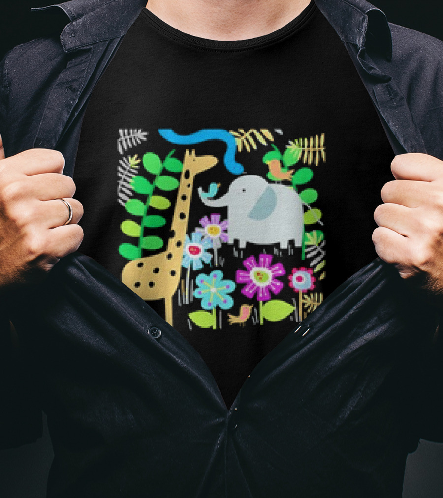 Safari Animal Party Jungle Giraffe Elephant Floral T-Shirt