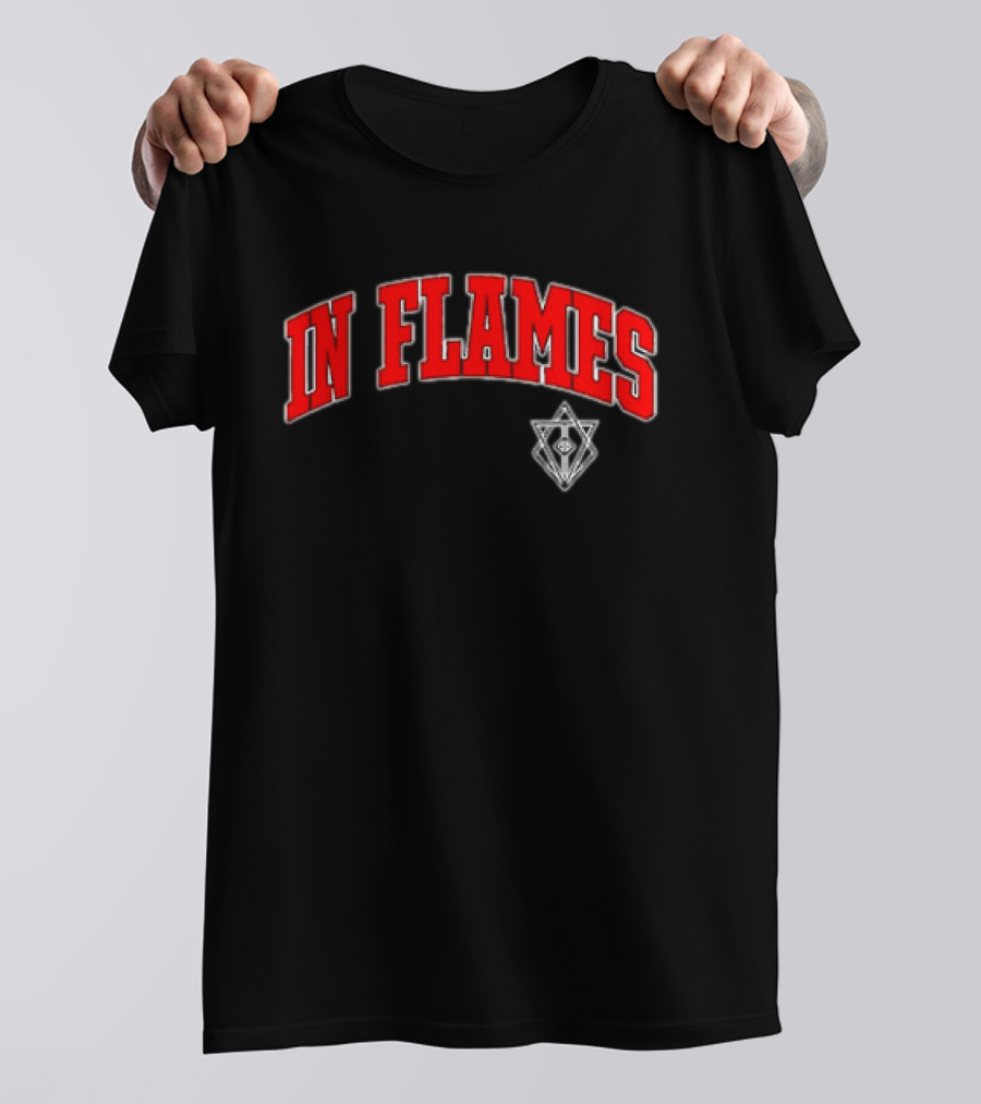 In Flames Red Collegiate Text With Geometric T-Shirt