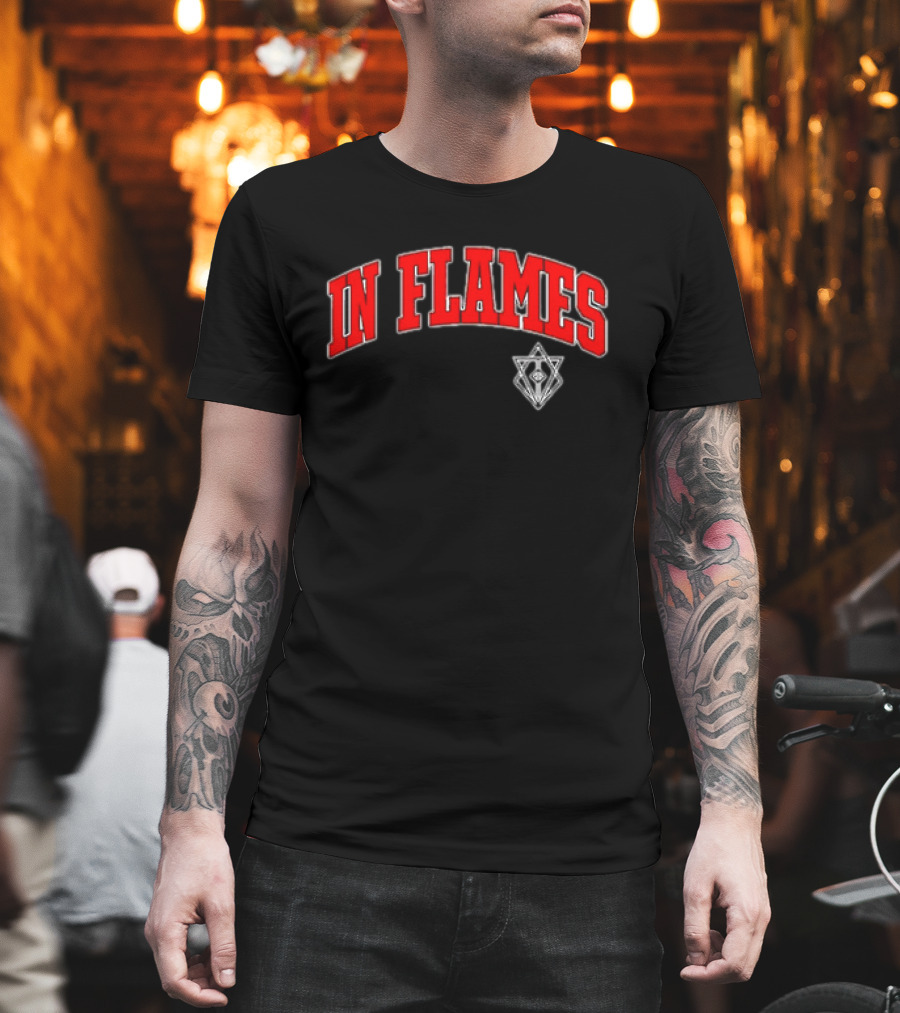 In Flames Red Collegiate Text With Geometric T-Shirt