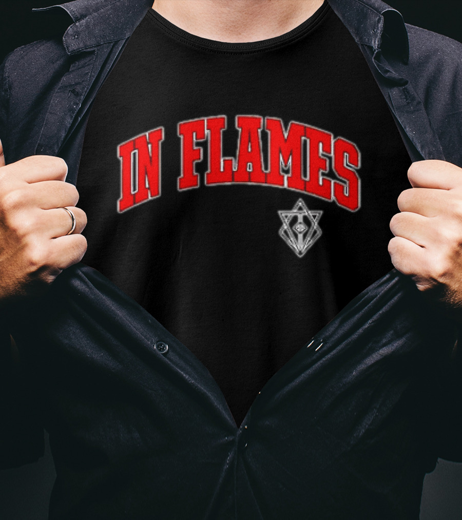 In Flames Red Collegiate Text With Geometric T-Shirt