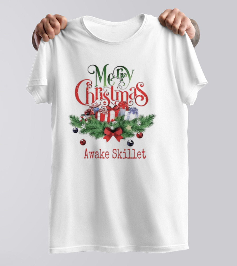 Merry Christmas Awake Skillet Festive Presents And Pine Garland T-Shirt