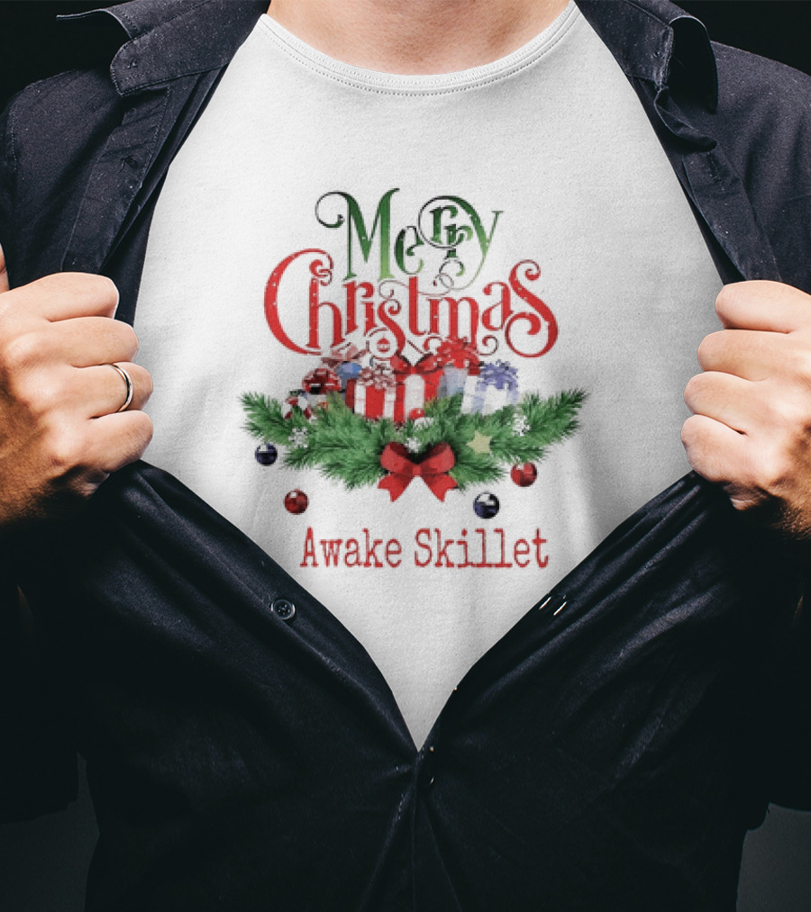 Merry Christmas Awake Skillet Festive Presents And Pine Garland T-Shirt