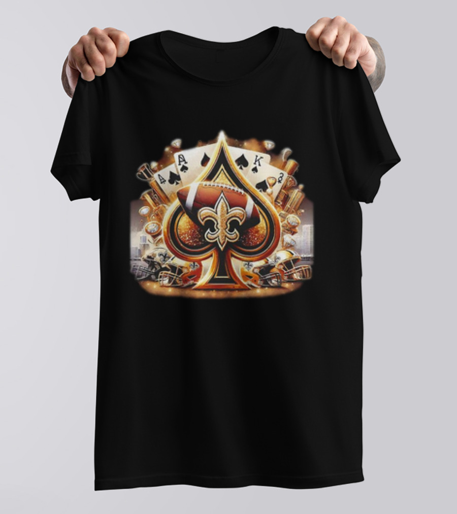 New Orleans Saints Gold Spade Football And Fleur-de-Lis With Playing Cards And Helmets T-Shirt