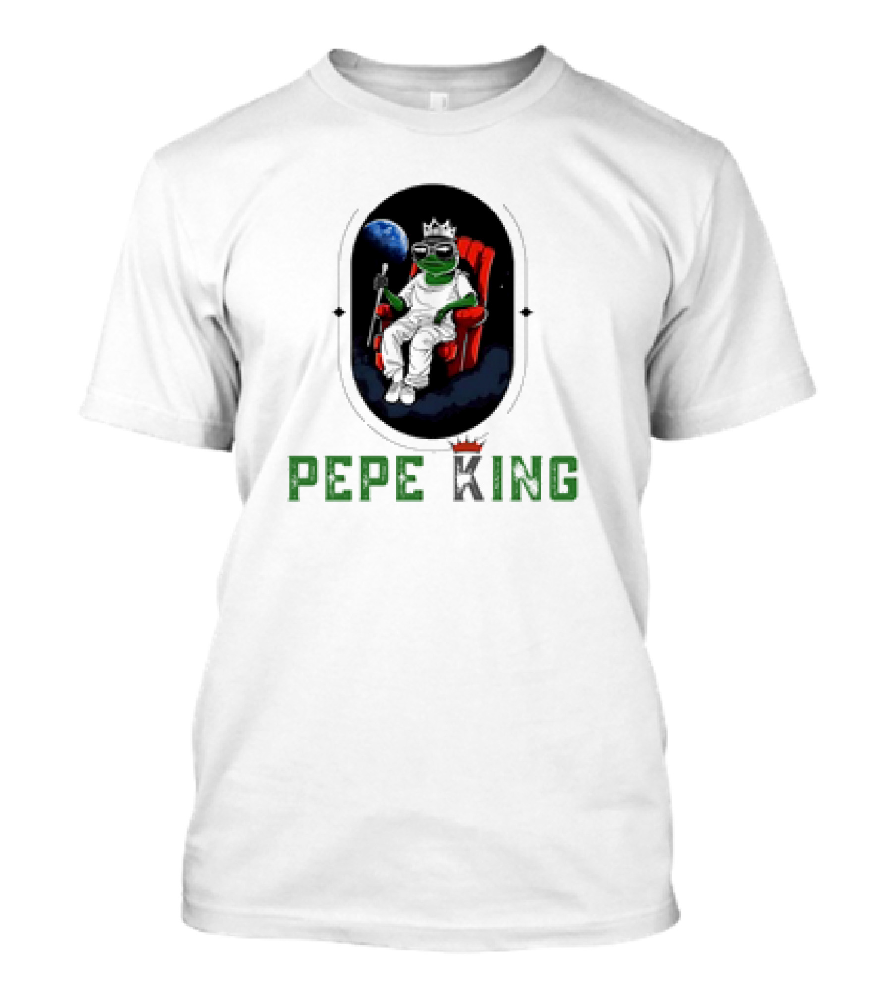 Pepe King Meme Coin Earth Throne Crown Chair T-Shirt