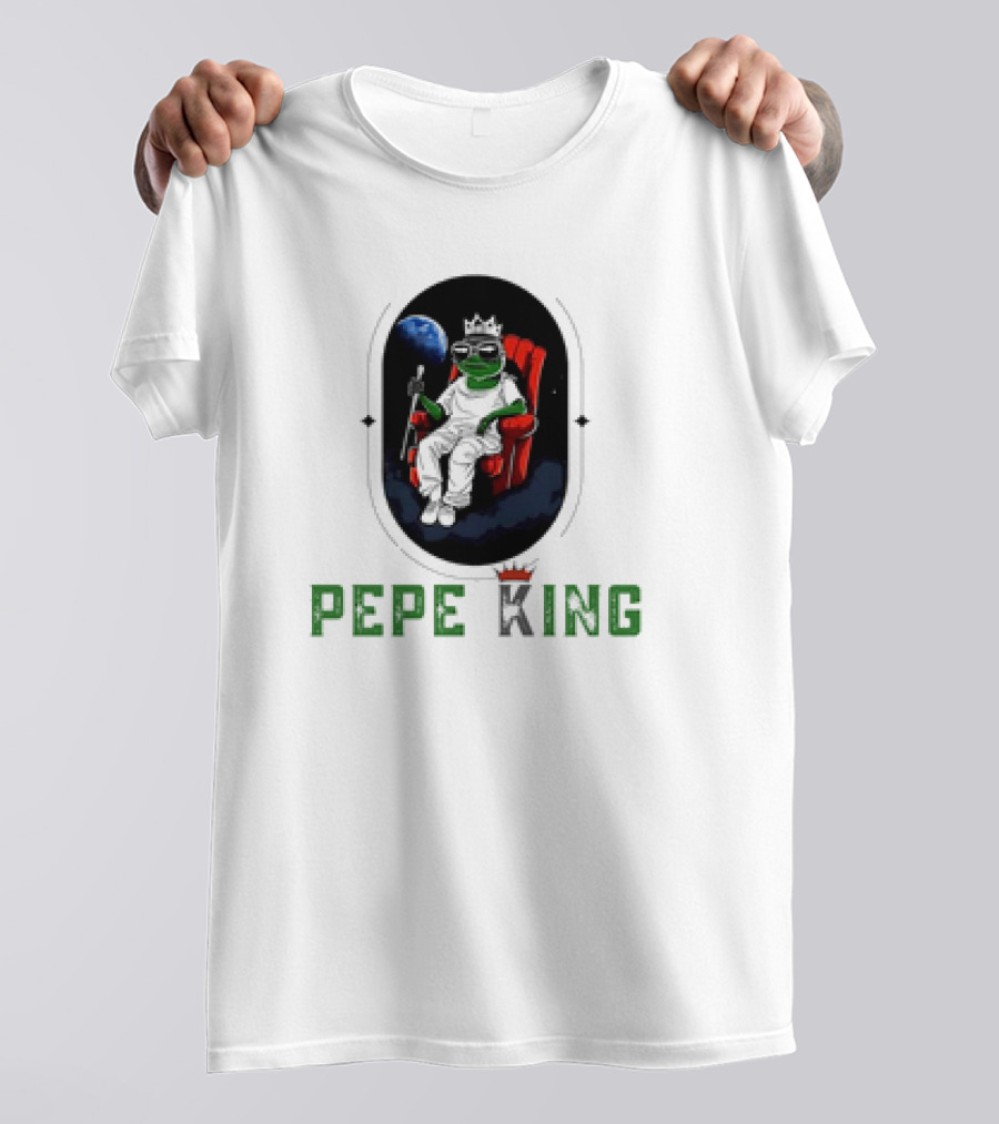 Pepe King Meme Coin Earth Throne Crown Chair T-Shirt